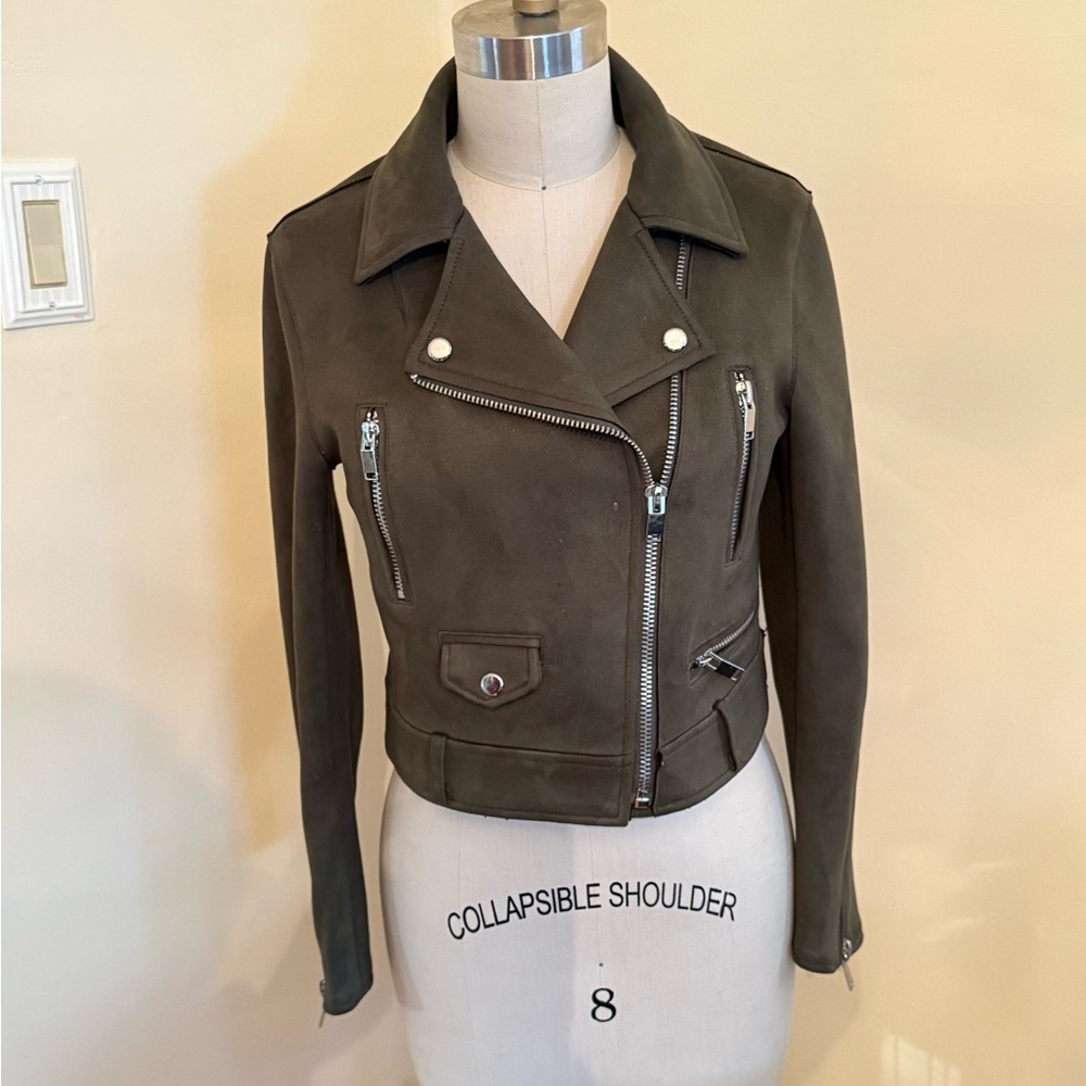 ZARA Basic Women's Green Suede Effect Cropped Biker Jacket